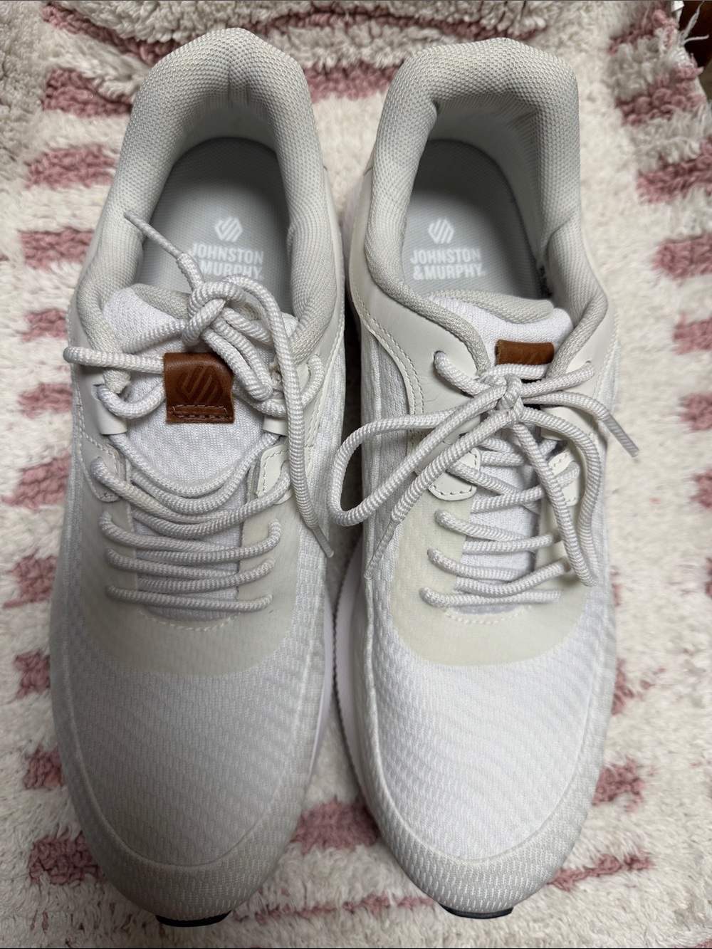 Johnston & Murphy White Knit Lace-Up Sneakers with Brown Tab